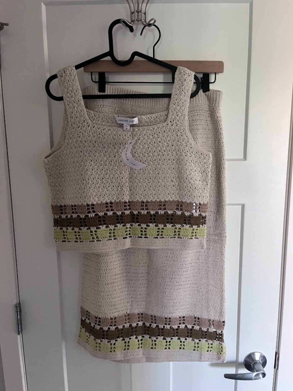 NWT Amour Vert Antibes Tank and Meli Crochet Skirt Set in Ecru Multi Stripe